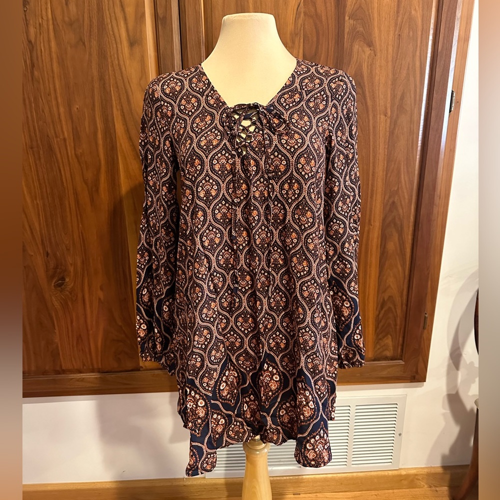 Boho Lace Up Blouse Rust Brown Print Flowy Tunic Top Small